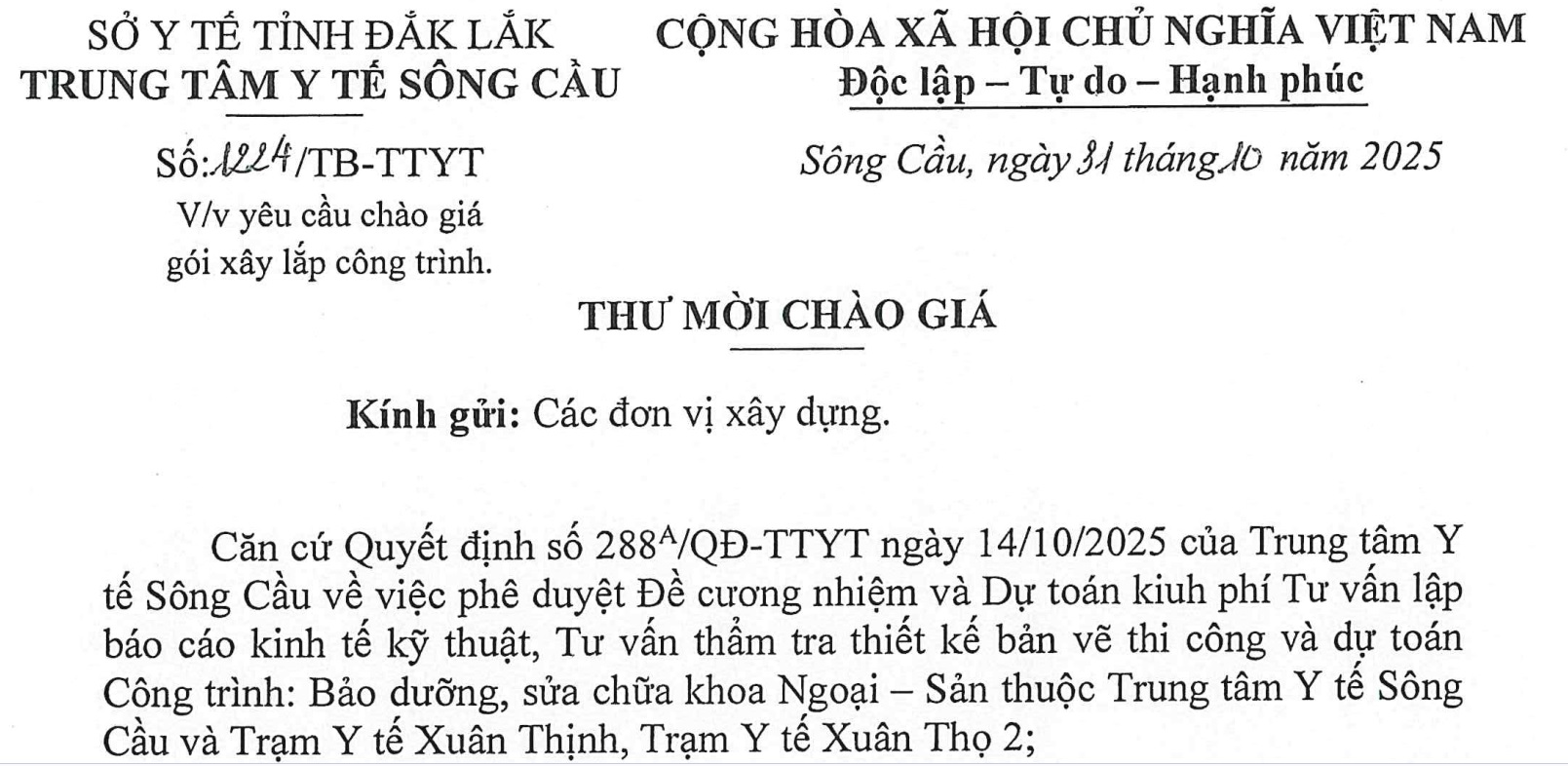 YCBG Gói Xây lắp công trình